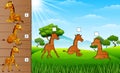 Cartoon funny giraffe collection. Find the correct shadow on board. Educational game for children