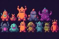 Illustration of cartoon funny monsters in pixel art style
