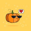 Illustration cartoon funny pumpkin icon with black sunglasses isolated, vegan love