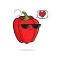 Illustration cartoon funny red sweet pepper icon with black sunglasses isolated, vegan love