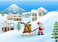 Cartoon funny santa claus pulling reindeer on a sleigh with sack of gifts Royalty Free Stock Photo