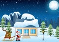 Cartoon funny santa claus pulling reindeer on a sleigh with sack of gifts Royalty Free Stock Photo