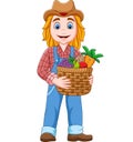 Cartoon girl farmer holding a basket of vegetable and fruits