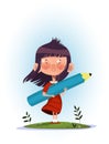 Illustration of cartoon girl holding pencil. Artist desire