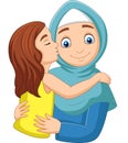 Cartoon girl kissing her mother`s cheek