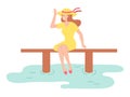 Illustration of a cartoon girl sitting on a bench outdoor after rain near big puddle summer time