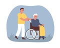 Illustration of cartoon guy helps elderly man in wheelchair