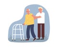 Illustration of cartoon guy from volunteering organization helps elderly man walk