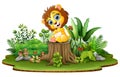 Cartoon happy baby lion sitting on tree stump with green plants Royalty Free Stock Photo