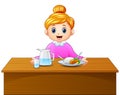 Cartoon happy blonde haired mother and healthy food on dining table Royalty Free Stock Photo