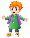 Cartoon happy boy in green winter clothes