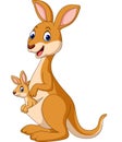 Cartoon happy kangaroos with baby Joey