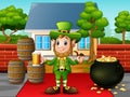 Cartoon happy leprechaun St Patrick Day with black pot of gold coint Royalty Free Stock Photo