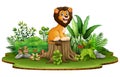 Cartoon happy lion sitting on tree stump with green plant Royalty Free Stock Photo