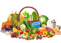 Cartoon healthy foods contains of fruits and vegetables, protein, carbohydrate and milk