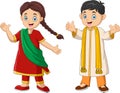 Cartoon indian couple wearing traditional costumes Royalty Free Stock Photo