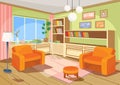 illustration of a cartoon interior of an orange home room, a living room with two soft armchairs