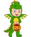 Cartoon kid with Halloween dragon costume holding pumpkin basket