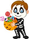 Cartoon kid with skeleton costume holding pumpkin bag full candy