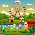 Cartoon of kids having fun at amusement park Royalty Free Stock Photo