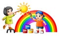Cartoon kids painting rainbow and sun