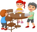 Cartoon kids setting the dining table by placing glasses and food