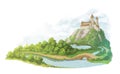 Illustration of cartoon landscape with castle, road to it, forest, mountains and hills, river. Fabulous view of the castle