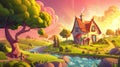 An illustration of a cartoon landscape with a house near trees and rural fields at sunset. Cottage and farmland on