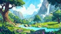 An illustration of a cartoon landscape with a stream flowing into a mountain lake under tree trunks and green grassy Royalty Free Stock Photo