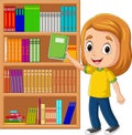 Cartoon little girl putting books back on shelves