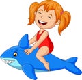 Cartoon little girl riding inflatable shark Royalty Free Stock Photo