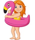 Cartoon little Girl in a swimsuit with inflatable flamingo