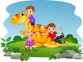 Cartoon little kid playing on the dinosaur Royalty Free Stock Photo