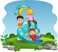 Cartoon little kid playing on the dinosaur Royalty Free Stock Photo