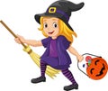 Cartoon little witch girl carrying a basket of candies in a pumpkin basket. Little girl wearing witch halloween costume holding br Royalty Free Stock Photo