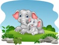 Cartoon Mother and baby elephant in the jungle Royalty Free Stock Photo