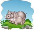 Cartoon mother and baby hippo in the jungle
