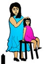 Illustration, Cartoon, Of Mother Head Massage To Her Daughter. On White Background.