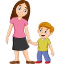 Cartoon mother holding her son`s hand