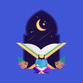 Illustration cartoon muslim reading quran at night