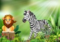 Cartoon of the nature scene with a lion sitting on tree stump and zebra Royalty Free Stock Photo