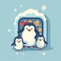 Illustration Of Cartoon Penguin Family near refrigerator. Generative ai