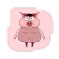 Illustration of a cartoon pig on its hind legs with bangs, blue eyes and bare breasts and navel against the background of a pink