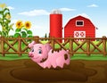 Cartoon pig playing a mud puddle in the farm Royalty Free Stock Photo