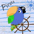 Illustration of a cartoon pirate parrot with a ship`s wheel. Vector illustration. Cartoon print. Royalty Free Stock Photo