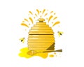 Illustration of cartoon pot with wooden honey dipper and a spot of honey