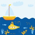 The illustration cartoon presents submarine and a ship at sea, the fish swim around them