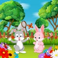 Cartoon rabbit couples with butterfly