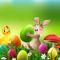 Cartoon rabbit with easter eggs and baby chicken in the field