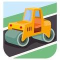 Illustration of cartoon road roller at construction site, vector illustration Royalty Free Stock Photo